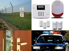 Physical security illustration. fence, alarm system, door lock, police car.