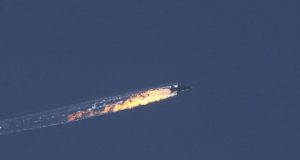 Russian Su-24 in flames. Shot down by turkish air force.