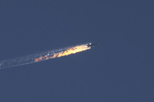Russian Su-24 in flames. Shot down by turkish air force.
