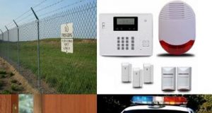 Physical security illustration. fence, alarm system, door lock, police car.
